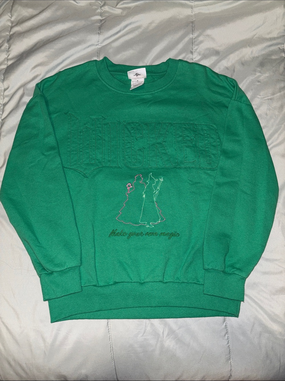 Green “Wicked” Crewneck Sweater with Embroidered Design